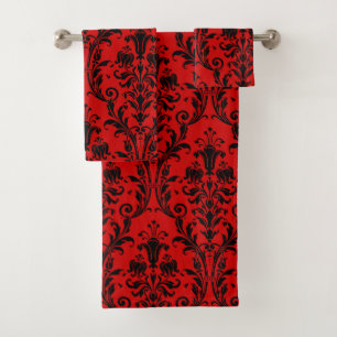 Red & Black Floral Damask Bath Towel Set