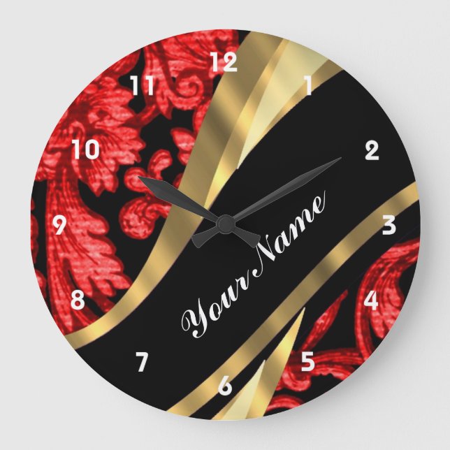 Red & black floral damask large clock (Front)