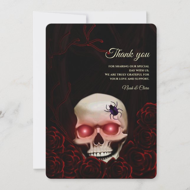 Red Black floral dark moody gothic skull Halloween Thank You Card (Front)