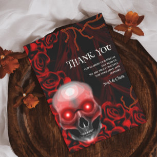 Red Black floral dark moody gothic skull Halloween Thank You Card