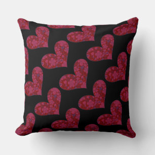 Red & Black Floral Doodle Glitter Heart Pattern Cushion
