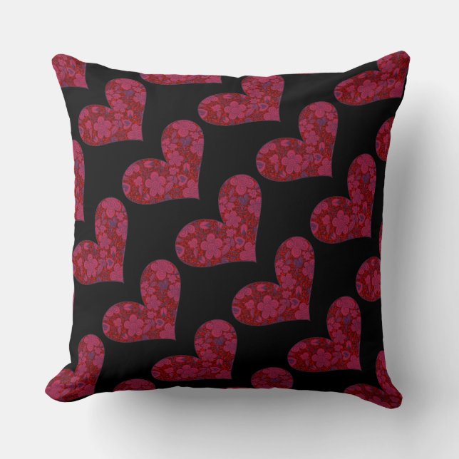 Red & Black Floral Doodle Glitter Heart Pattern Cushion (Front)