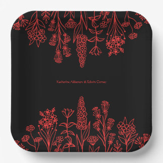 Red Black Floral Minimal Modern Gothic Wedding Paper Plate