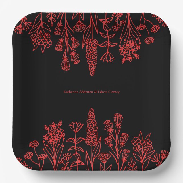 Red Black Floral Minimal Modern Gothic Wedding Paper Plate (Front)