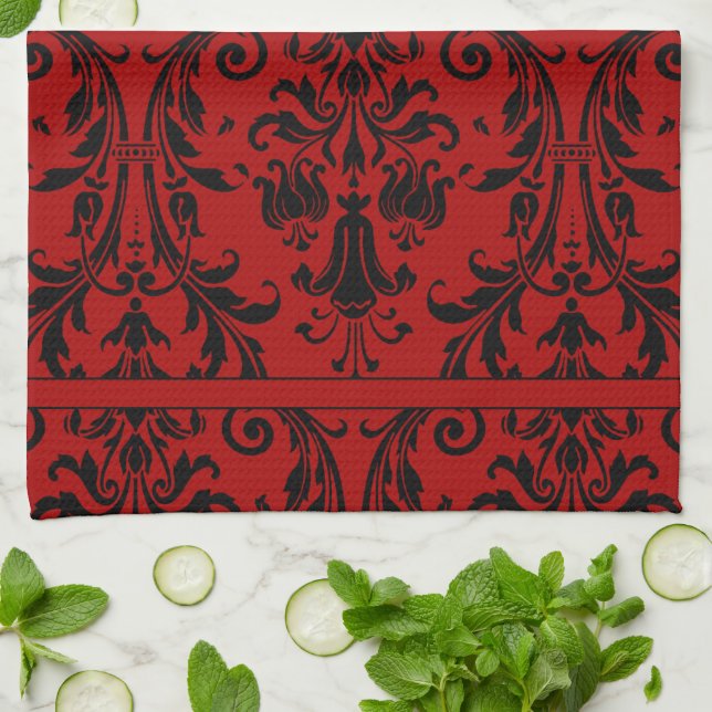 Red & Black Floral Swirls Damask Monogram Tea Towel (Folded)