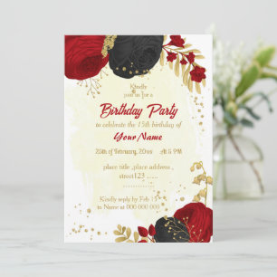 red & black flowers gold botanical birthday party invitation