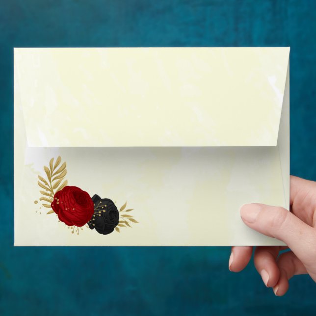 red & black flowers gold botanical wedding envelope (Hand)