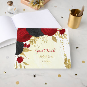red & black flowers gold botanical wedding guest book