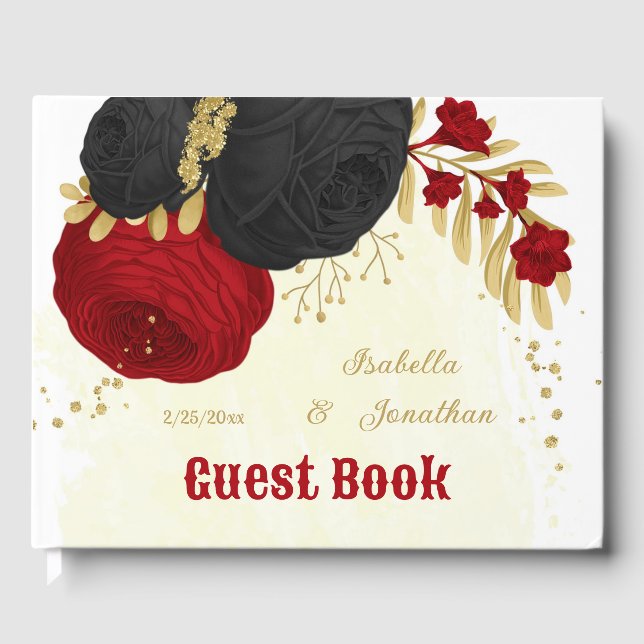 red & black flowers gold botanical wedding guest book (Front)
