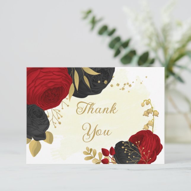 red & black flowers gold botanical wedding  thank  thank you card (Standing Front)