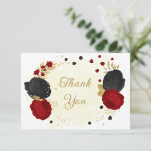 red & black flowers gold botanical wedding thank you card