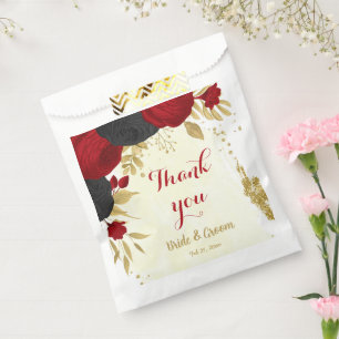red & black flowers gold favour bag