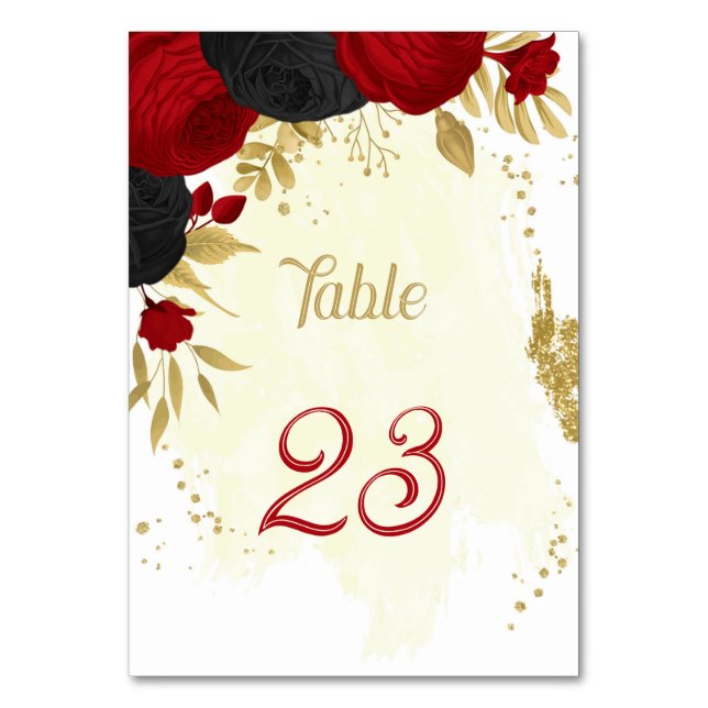 red & black flowers gold wedding table number (Front)