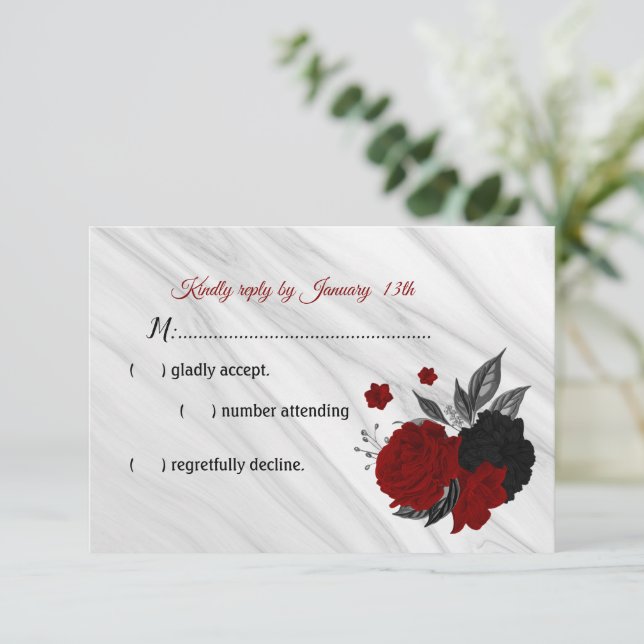 red & black flowers marble  RSVP card (Standing Front)