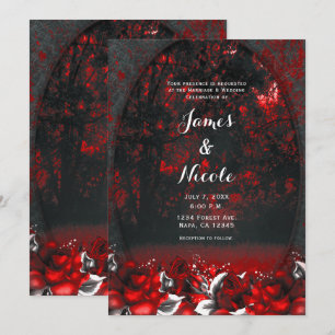Red & Black Forest Roses Gothic Wedding  Invitation