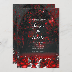 Red & Black Forest Roses Gothic Wedding  Invitation