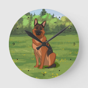 Red & Black German Shepherd GSD Round Clock