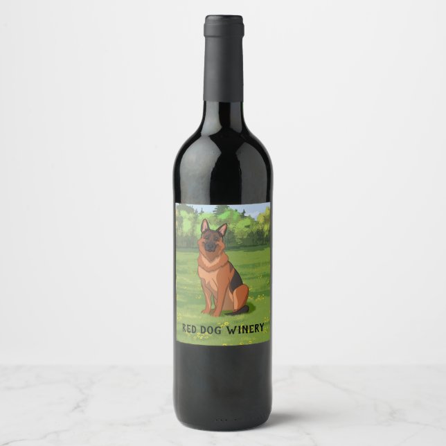 Red & Black German Shepherd GSD Wine Label (Front)