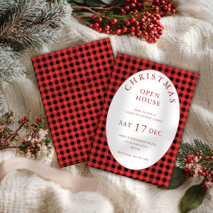 Red Black Gingham Christmas Open House Invitation
