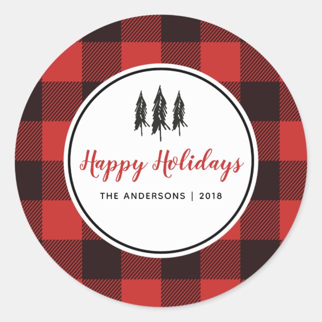 Red & Black Gingham Flannel Christmas Tree Classic Round Sticker (Front)