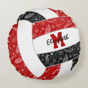 red black girls boho feathers pattern volleyball round cushion