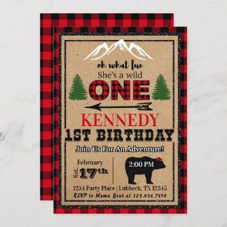 Red Black Girl's Buffalo Plaid Birthday Invitation