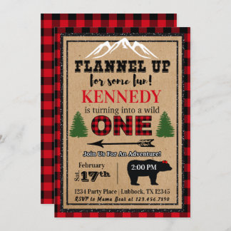 Red Black Girl's Buffalo Plaid Birthday Invitation