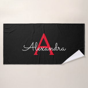 Red Black Girly Script Monogram Name Modern Bath Towel