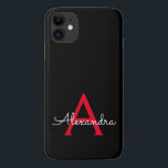 Red Black Girly Script Monogram Name Modern iPhone 11 Case<br><div class="desc">Red and Black Monogram Add Your Own Name Phone Case. This makes the perfect sweet 16 birthday,  wedding,  bridal shower,  anniversary,  baby shower or bachelorette party gift for someone that loves glam luxury and chic styles.</div>