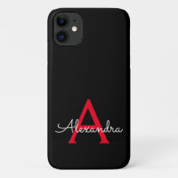 Red Black Girly Script Monogram Name Modern