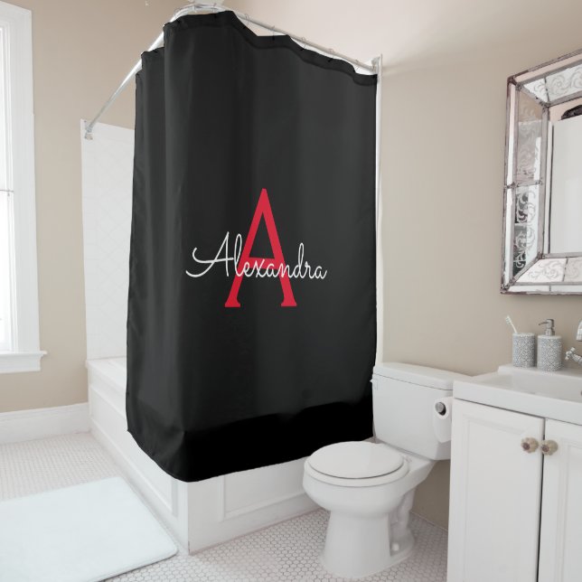 Red Black Girly Script Monogram Name Modern Shower Curtain (In Situ)