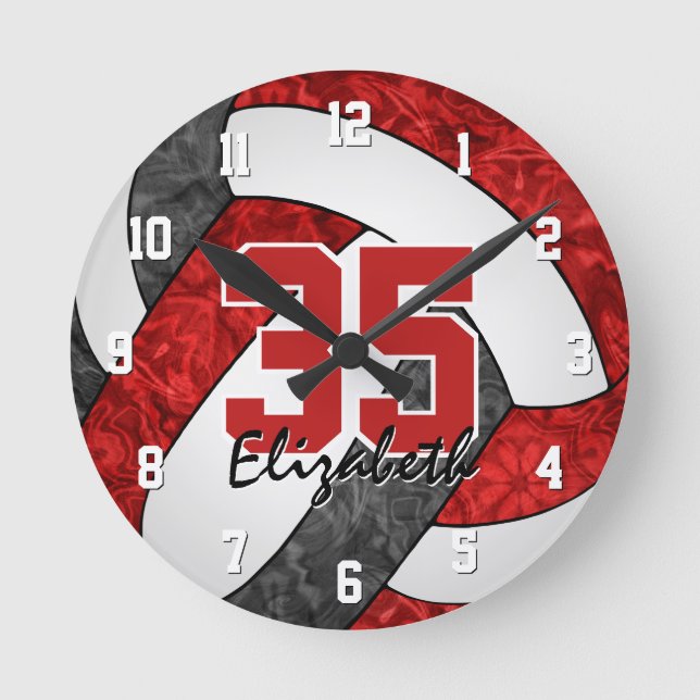 red black girly team colours volleyball room round clock (Front)