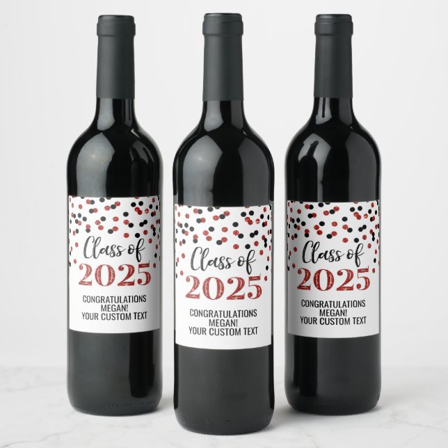 Red Black Glitter Class of 2025 Graduation Wine Label (Bottles)