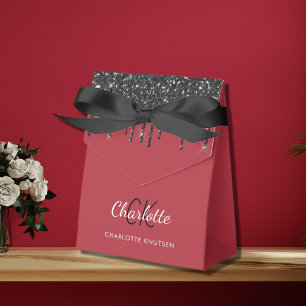 Red black glitter drips monogrammed favour box