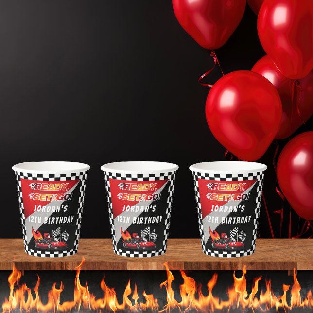 Red | Black Go Kart Racing Birthday Paper Cups (Red and Black Go Kart Racing Kid's Birthday Party "Ready, Set, Go!" Paper Cups)