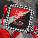 Red | Black Go Kart Racing Birthday Paper Plate<br><div class="desc">Race on over to celebrate a go kart racing-themed birthday. This birthday party design features a red and black go kart with a red helmeted drive and flames shooting out the back of the go kart. The words "Ready, Set, Go!" are also done in a flame-toned gradient. A pair of...</div>