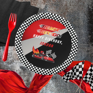 Red   Black Go Kart Racing Birthday Paper Plate