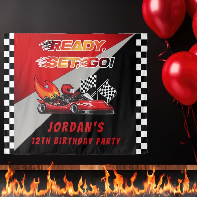 Red | Black Go Kart Racing Birthday Party Backdrop Tapestry (Red and Black Kid's Go Kart Racing Kid's "Ready, Set, Go!" Birthday Party Backdrop)