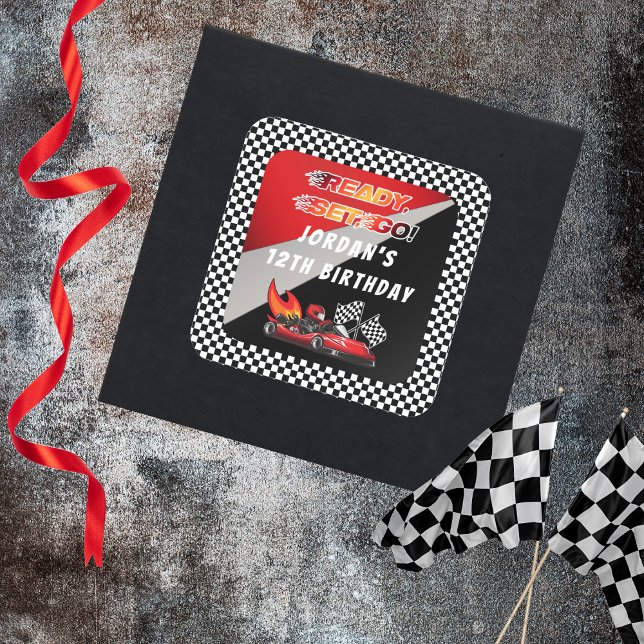 Red | Black Go Kart Racing Birthday Square Sticker (Red and Black Go Kart Racing Kid's Birthday Party "Ready, Set, Go!" Sticker)