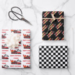 Red | Black Go Kart Racing Birthday Wrapping Paper Sheet<br><div class="desc">Race on over to celebrate a go kart racing-themed birthday. This birthday party design features a red and black go kart with a red helmeted drive and flames shooting out the back of the go kart. The words "Ready, Set, Go!" are also done in a flame-toned gradient. A pair of...</div>