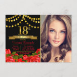 Red Black Gold 18th Birthday Party Invitation<br><div class="desc">Girls 18th birthday party invitation with beautiful gold numbers and banners on a pretty red black and gold rose floral background. This elegant photo 18th birthday party invitation is easily customised for your event by simply adding your photo and event details in the font style you prefer. You can also...</div>