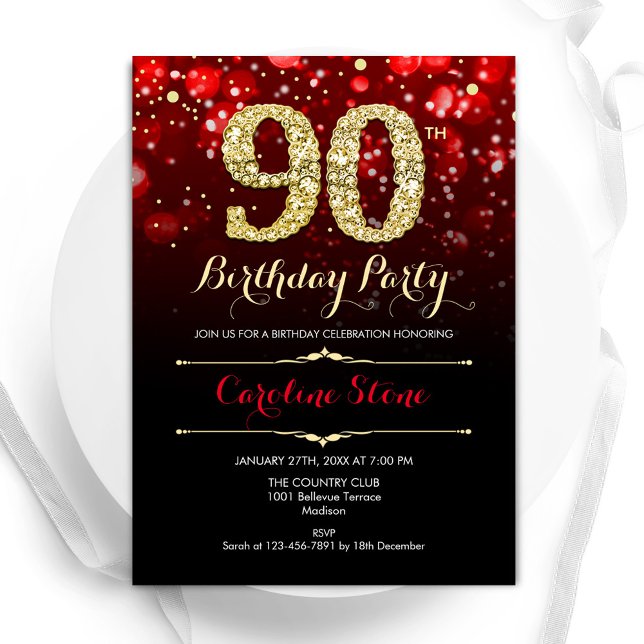 Red Black Gold 90th Birthday Invitation (Creator Uploaded)