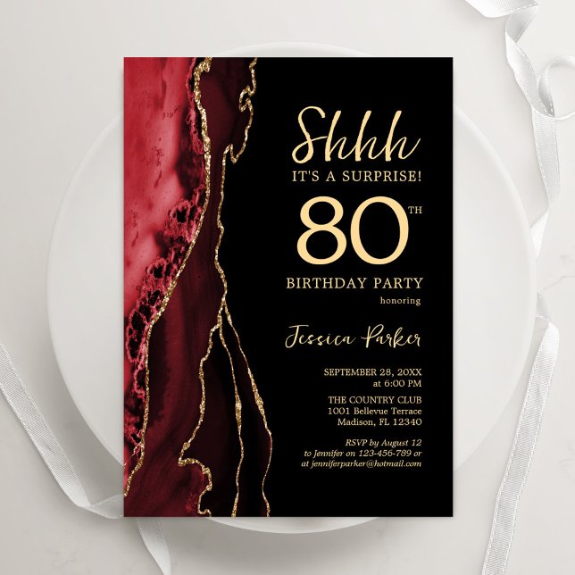 Red Black Gold Agate Surprise 80th Birthday Invitation (Creator Uploaded)