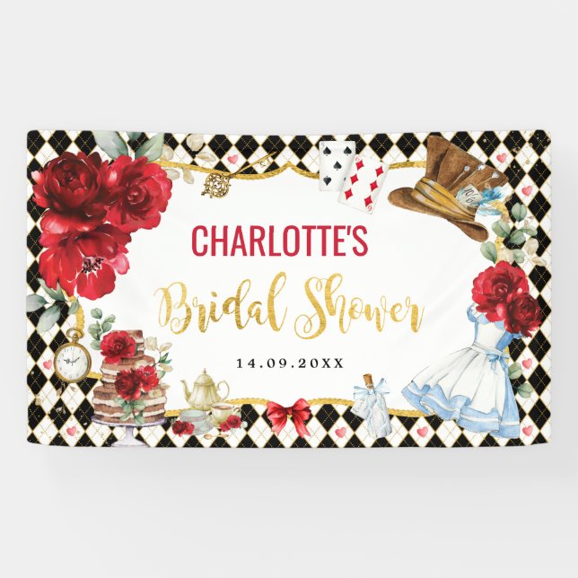 Red Black Gold Alice in Wonderland Bridal Shower Banner (Horizontal)