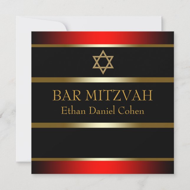 Red Black Gold Bar Mitzvah Invitation (Front)