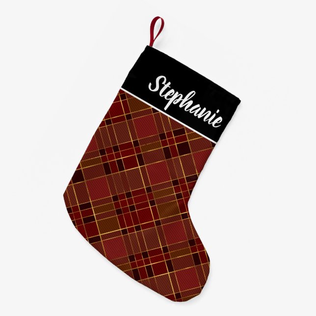 Red Black Gold Buffalo Plaid Personalised Name Small Christmas Stocking (Front (Hanging))