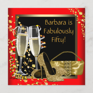 Red Black Gold Champagne 50th Birthday Party Invitation