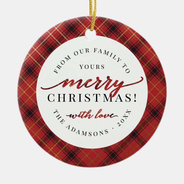 Red Black & Gold Christmas Plaid | Merry Christmas Ceramic Ornament (Front)
