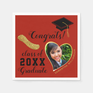 Red Black Gold Class of 2025 Photo Graduation Napkin