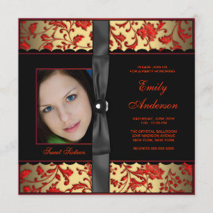 Red Black Gold Damask Photo Sweet 16 Party Invitation